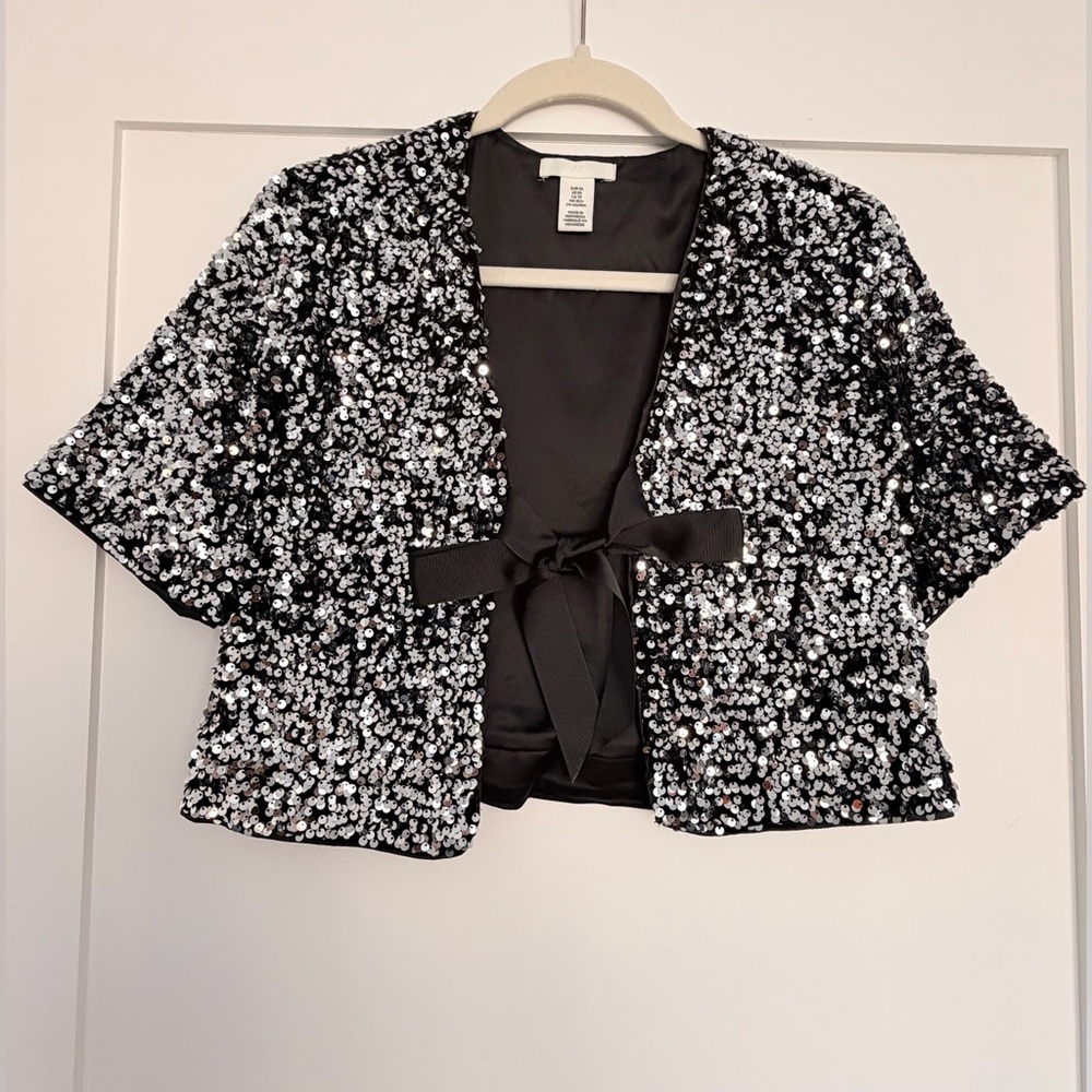 H&M Black and Silver Sequined Cardigan with tie front - Size XS